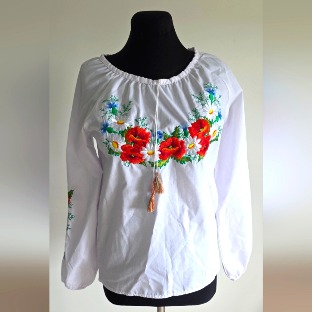 Vyshyvanka White Smocked Long Sleeve Blouse with Floral Embroidery, XS-S